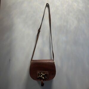 Berries Leather Crossbody Saddle Bag Brown Small Good Brass Bit Toggle Closure